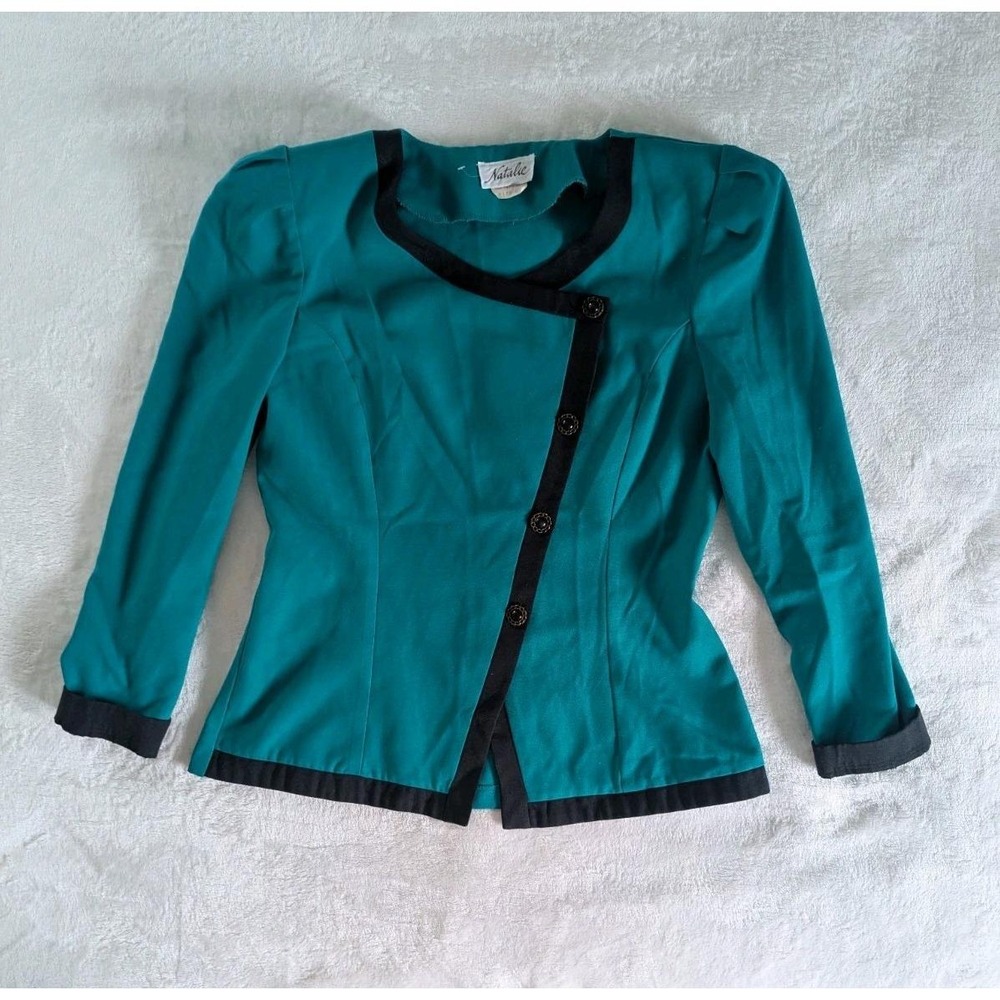 Vtg 80s Blazer Teal Black Trim Asymmetrical Button Front Sz 12 Power Dressing